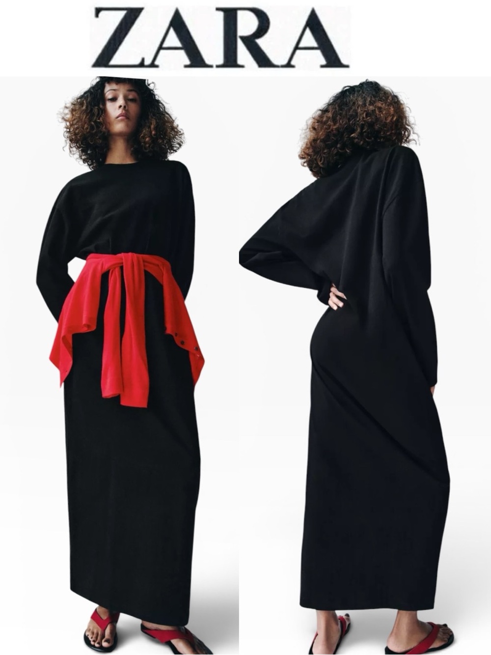ZARA BLACK MINIMALIST LONG SLEEVE MAXI COTTON SWEATSHIRT DRESS w/POCKETS SIZE XS